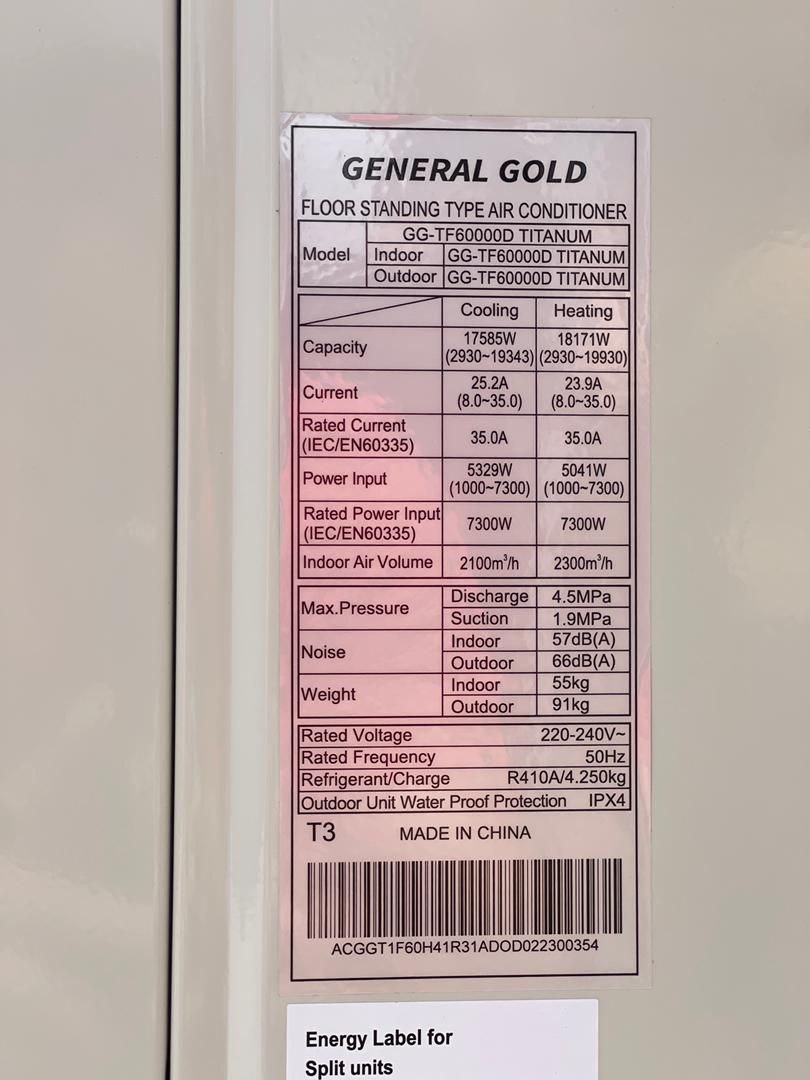 کولر گازی ایستاده 60000 جنرال گلد اینورتر تکفاز-F60000 TITANIUM